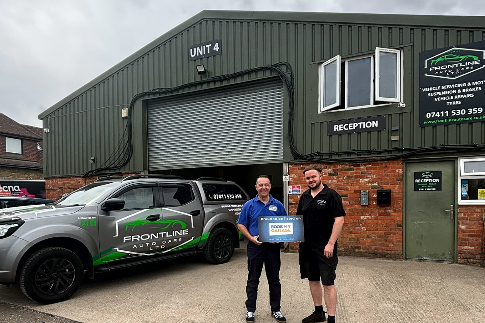 Frontline Autocare workshop at Unit 4, Whitelocks Farm, with the branded pickup outside